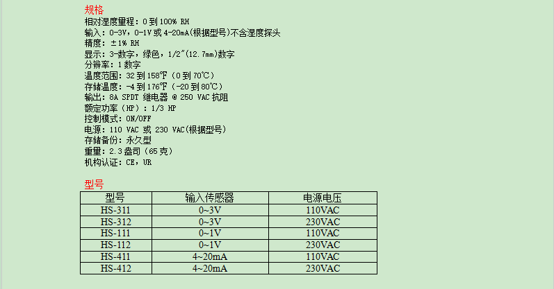 DWYER德威爾 HS系列 數(shù)顯濕度開關參數(shù)